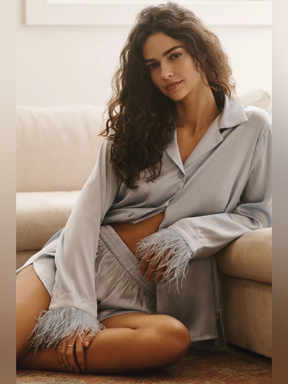 Audrey Adele Feather-Trim Pajama Blouse & Shorts Set in Blue